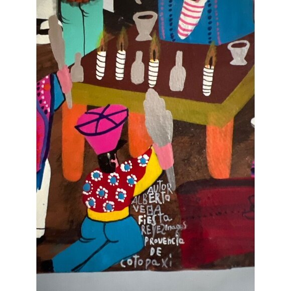 Vintage Alberto Vega Peruvian Folk Art Animal Hide Painting Bright Mid Century - Picture 2 of 11